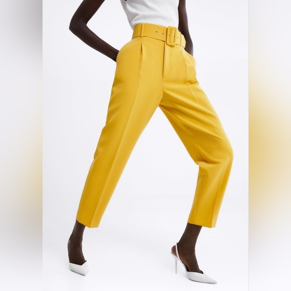 Zara Pants - ZARA Yellow High Waisted Belted Trousers Pleated Tailored Cropped Pants Medium